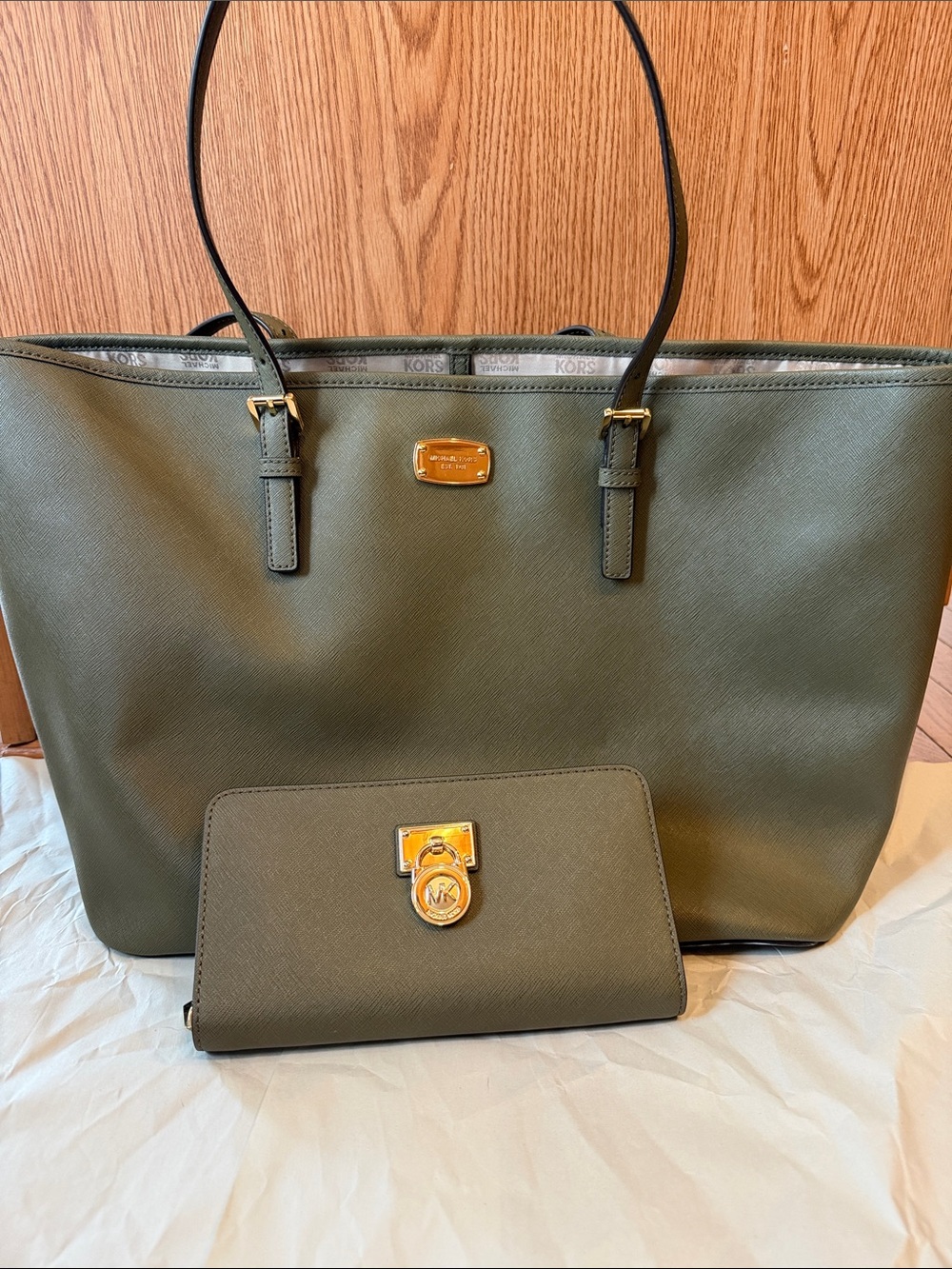 Michael Kors Olive Green Saffiano Tote with Gold Hardware